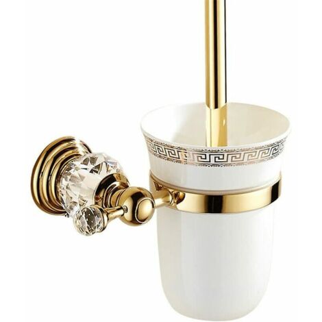 Sollbry Portaescobillas de baño de metal con cristal pulido y diseño dorado Juego de inodoro Accesorios de baño Montaje en pared y acabado dorado Baño europeo