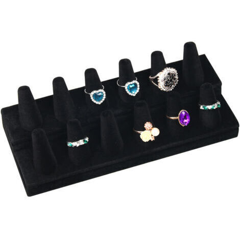 Sollbry Porte Bijoux Bague en Velours Noir - Plateau Presentoir Bijoux à 2 Niveaux, 12 Cônes avec Base Solide - Presentoir Bague pour Chambres, Magasins et Vitrine de Bijoux