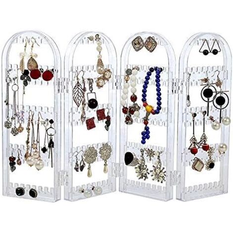 Sollbry Présentoir à colliers pliable à 4 portes, organisateur de bijoux suspendu, présentoir double face, transparent (28,4 cm)