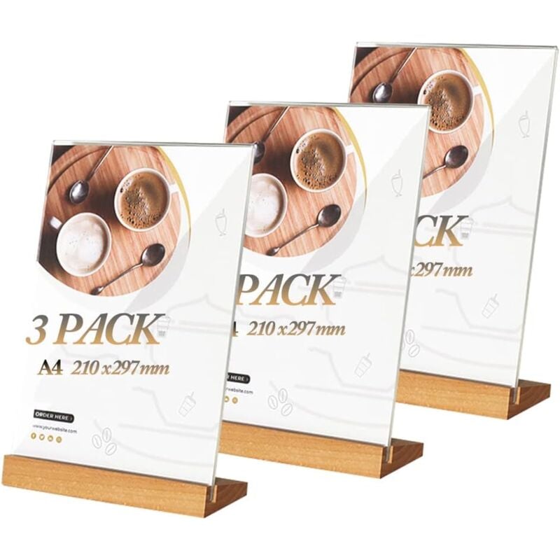 Sollbry - Présentoir de Table A4 (3 Pièces) - Base en bois - Support pour Menu A4 - Acrylique Transparent - Porte Affiche A4, Menus, Hôtel, l'école