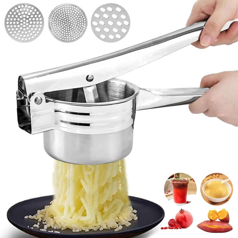 Sollbry - Presse-purée, Presse Purée Manuel à Pommes de Terre avec 3 Disques Interchangeables, Professionnel Presse Purée Manuel en Acier Inoxydable,