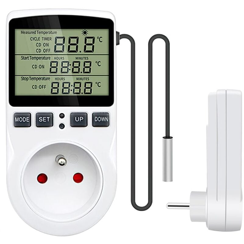 Sollbry Prise Thermostat, Regulateur de Temperature, Chauffage Refroidissement Thermostat, Regulateur Numérique Thermostat avec Sonde, LCD Prise