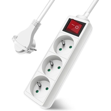 Sollbry Regleta de 3 enchufes con interruptor plano, bloque de 3 enchufes, cable alargador de 3 m y 230 V con seguridad para niños, blanco, 8 x 5,2 cm