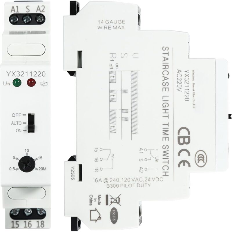 Sollbry - Relais Temporisé, Éclairage Minuterie Interrupteur Relais Temporisé 220VAC 16A 0.5-20mins Temporisation Relais Interrupteur de Lumière