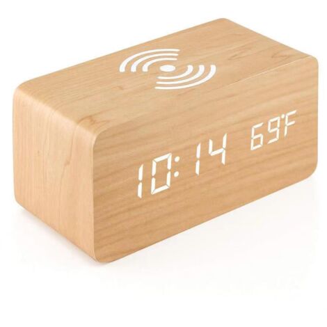 Sollbry Reloj despertador de madera con base de carga inalámbrica, compatible con iPhone y Samsung. Reloj digital LED de madera con función de control de sonido, fecha y hora para oficina. Madera, 16 