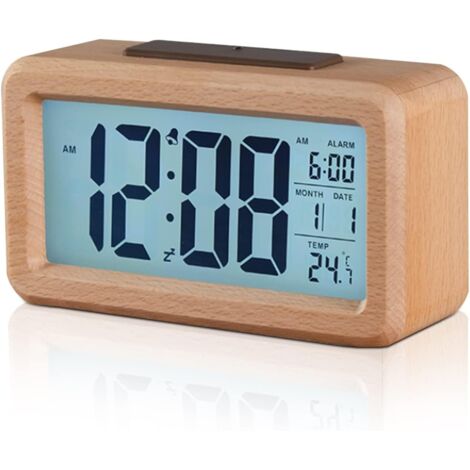 Sollbry Reloj despertador digital, reloj de noche, reloj despertador digital de madera, reloj digital LED, reloj despertador digital LED con hora, fecha, visualización de temperatura, luz nocturna par