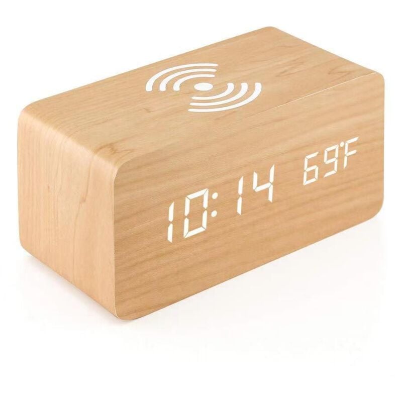 Sollbry - Réveil en Bois avec Coussin De Charge sans Compatible avec pour Iphone Samsung Horloge Numérique led en Bois Fonction De Contrôle du