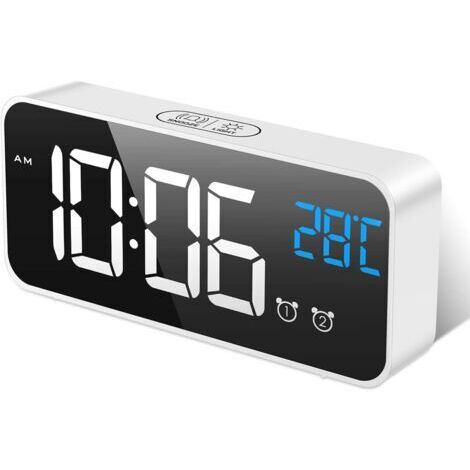 Sollbry Réveil Numérique, Horloge Digitale Réveil Matin Miroir LED Grand Ecran Aver Température/Snooze/ 2 Alarme, Luminosité et Son Réglable, Activation Sonore, USB Charge Clock pour Maison Bureau,Bla