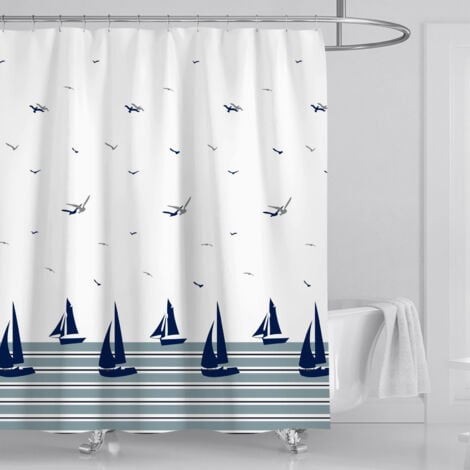 Sollbry Rideau de Douche Bleu Nautique Côtier Océan Rideau de Bain Tissu Polyester Anti Moisissure Imperméable Lavable Rideau Salle de Bain 180 x 180 cm avec 12 Crochets pour Baignoire