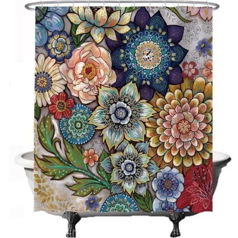 Sollbry Rideau de Douche - Fleurs Multicolores - Art Naturel - 180 x 200 cm - Lavable - Anti Moisissure - Imperméable - Rouge Jaune Bleu Vert