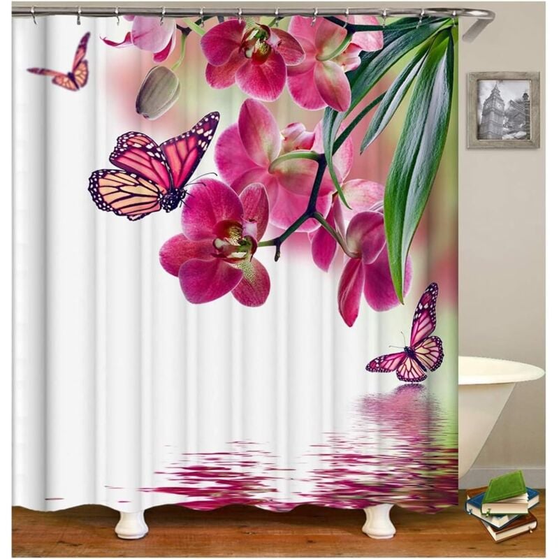 Rideau Douche Retro Fleurs et Papillons Rideau de Douche Blanc Rose Rideau Baignoire 180x180CM - Sollbry