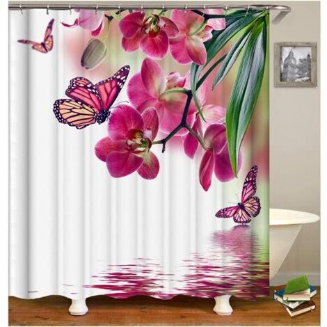 Sollbry Rideau Douche Retro Fleurs et Papillons Rideau de Douche Blanc Rose Rideau Baignoire 180x180CM