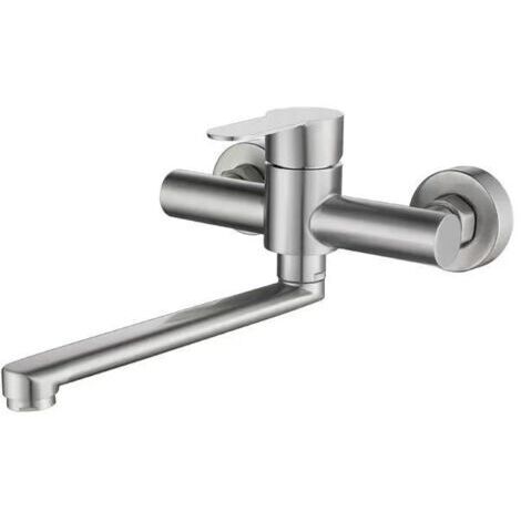 Sollbry Robinet Mural Cuisine, Mitigeur Mural Inoxydable, Pivotant à 360° pour Évier de Cuisine, Eau Chaude et Froide, Trous de Montage Réglables, Bras Pivotant 23cm, Brossé
