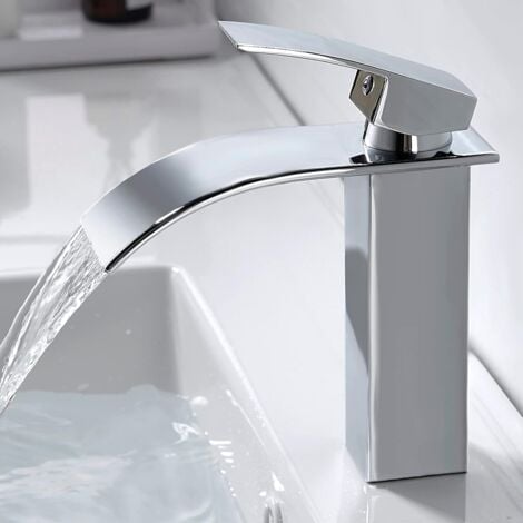 Sollbry Rubinetto moderno a cascata per bagno, rubinetto per lavabo a cascata dal design elegante, miscelatore per bagno in ottone, acqua calda e fredda disponibile, rubinetti a cascata cromati