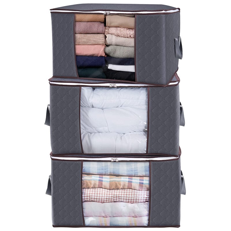 Sac de Rangement pour Couette en épais Non-tissé Sac de Rangement sous lit pour Édredons Couvertures Oreillers Jouets Vestes Vêtements (3, Gris)