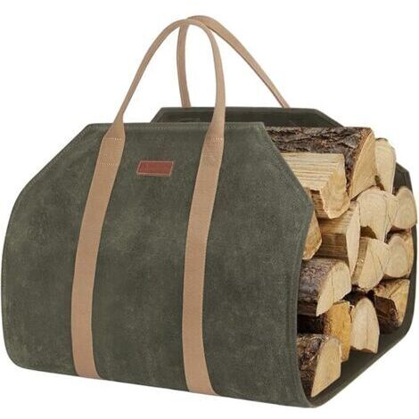 Sollbry Sac de transport en toile cirée robuste pour bûches de bois de chauffage avec sangles renforcées Vert