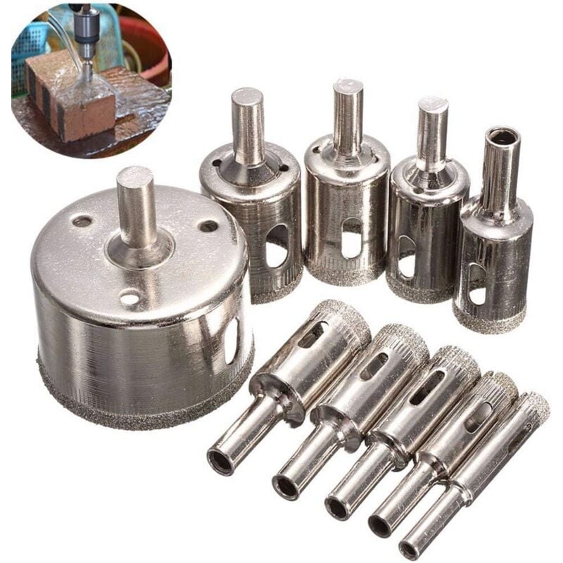 Image of Sollbry - Set di 10 punte da trapano a tazza diamantate da 8-50 mm per vetro, marmo, granito