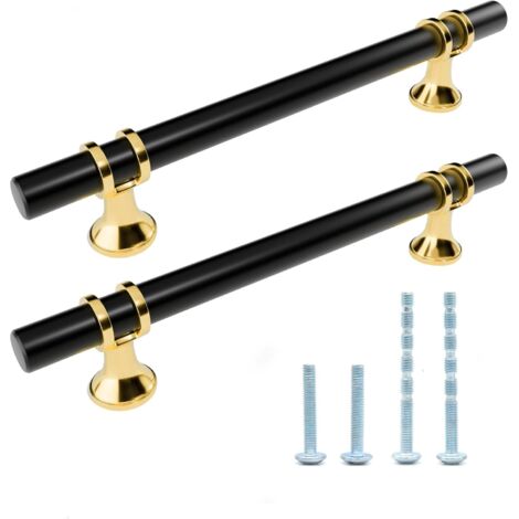 Sollbry Set mit 6 T-förmigen Schranktürgriffen, 96 mm, moderner Küchenmöbelgriff aus Edelstahl für Schlafzimmer, Büros, Schubladen, inklusive Schrauben mit goldenem Sockel
