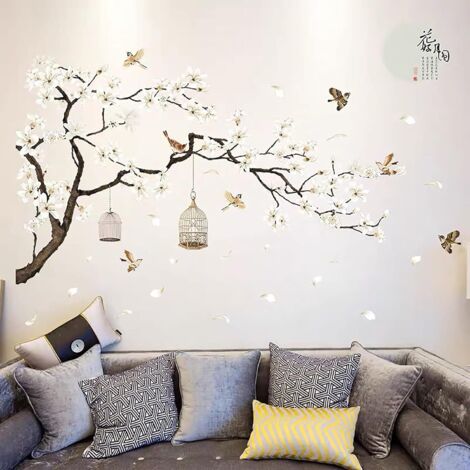 Sollbry Stickers muraux fleurs de cerisier pour chambre à coucher, fleurs blanches de style chinois, arbre noir et oiseaux volants, autocollants muraux pour salon, arbre généalogique, décoration mural