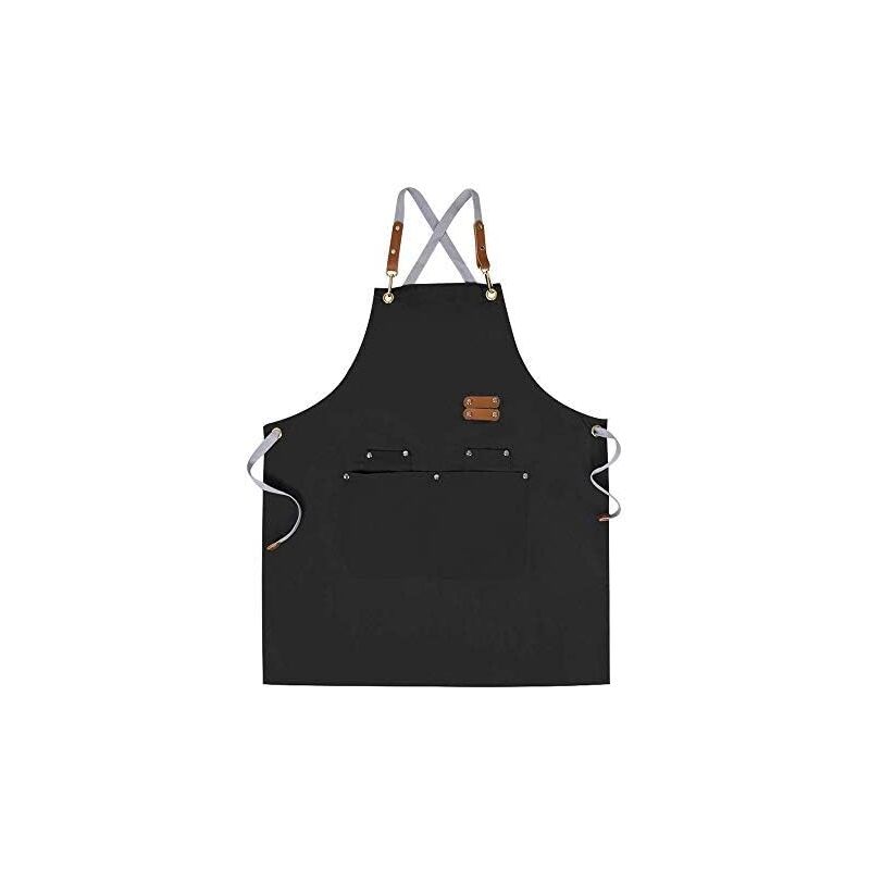 Sollbry - Tablier de Chef Tablier à Dos Croisé pour Hommes Femmes avec Bretelles Réglables et Grandes Poches, Toile, Noir