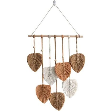 Sollbry – Tenture murale en macramé boho 120x80cm – Décoration intérieure esthétique – Parfaite pour mariage et salon – Design feuilles et perles en bois