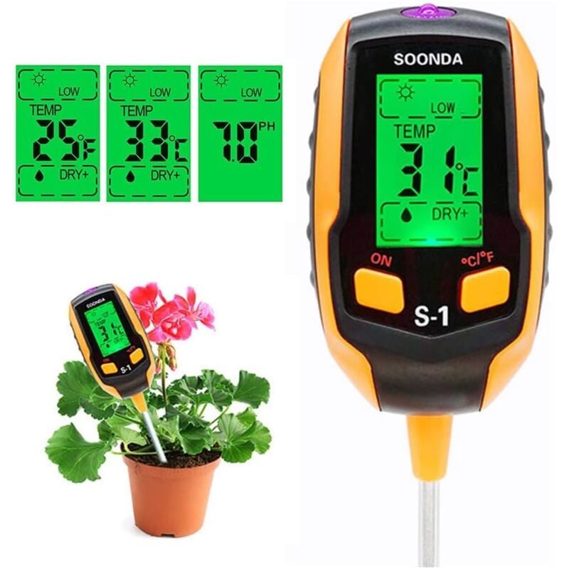 Sollbry - Testeur de sol 4 en 1, testeur d'humidité, pH mètre, kit de test numérique de sol, pH température du sol, lumière du soleil, test d'acidité