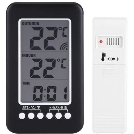 Sollbry Thermometre interieur exterieur sans fil, Accueil Thermomètre, LCD Numérique Thermomètre intérieur extérieur Horloge Compteur de température Transmetteur sans Fil avec