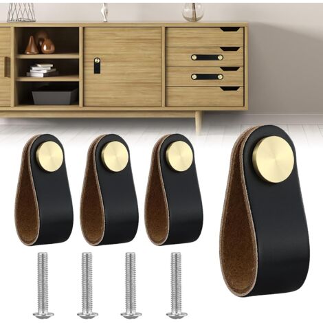 Sollbry tiradores de cuero para muebles, pomo de puerta de armario, pomo de cuero para cajón, tirador vintage para armarios, tocador, cocina y baño (negro, un solo orificio)