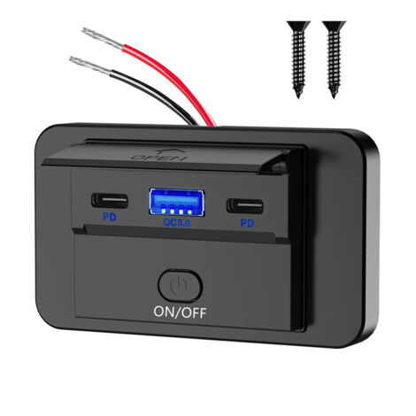 Sollbry Toma USB de 12 V para montaje en superficie, ligera, doble USB C de 30 W y QC3.0 de 18 W para coche, panel de carga de repuesto con interruptor para autobús, barco, motocicleta.