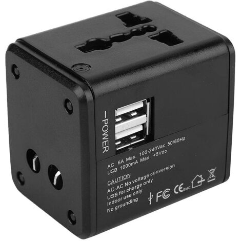 Sollbry Universeller weltweiter Reiseadapter, multifunktionaler Dual-USB-internationaler Reiseadapter AC 110  250 V 6 A (schwarz)