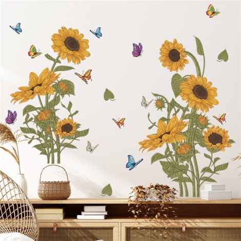 Sollbry Wandaufkleber mit Sonnenblume, Schmetterling und Eichhörnchen, Gartenblume, Wandaufkleber, Schlafzimmer, Wohnzimmer, TV, Wandkunst, Kühlschrank, Dekor, Wandbilder (Sonnenblumen-Schmetterling)