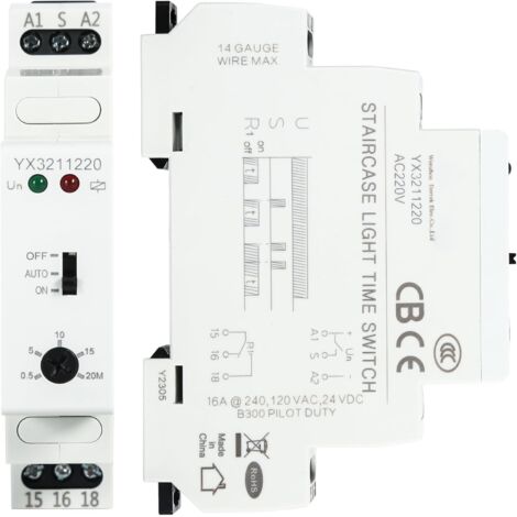 Sollbry Zeitrelais, Zeitschaltuhr für Beleuchtung, Zeitverzögerungsrelais, 220 V AC, 16 A, 0,5–20 Minuten, Verzögerungsrelais, Lichtschalter, Beleuchtungssteuerung
