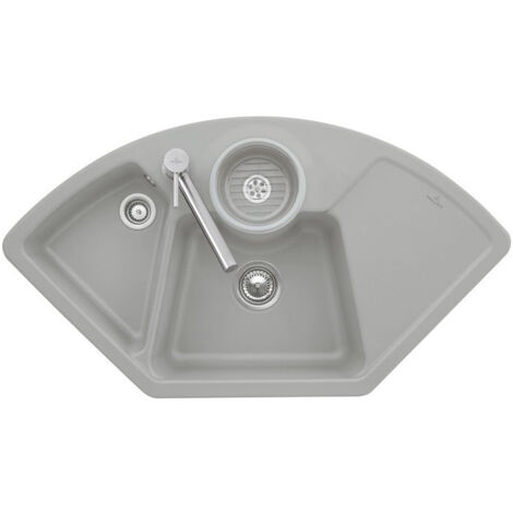 Solo Angle, 1075 x 600 mm, Évier d'angle, Évier à encastrer, Installation sur un meuble sous évier d'angle de 90 cm de côté, 2 cuves pouvant être fermées, inclus Vidage automatique et Vide-sauce trans