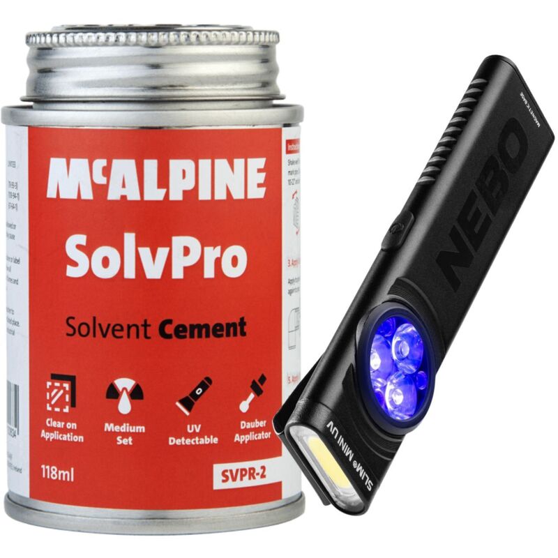 Mcalpine SolvPro Solvent Cement (118 ml) + Nebo Slim Mini UV Torch