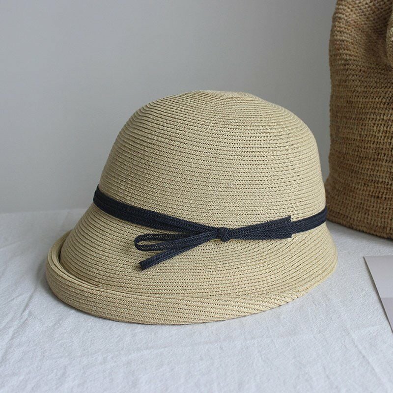 

Sombrero de paja estilo Hepburn para mujer, sombrero de lavabo plegable Retro para mujer, sombrero de pescador literario, sombrero de sol simple,