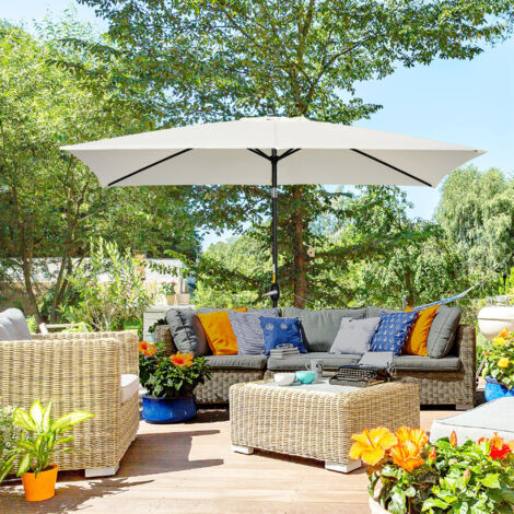 Sombrilla de Aluminio 200x300x253 cm Parasol Rectangular de Jardín Inclinable con Manivela y Poste Desmontable Crema