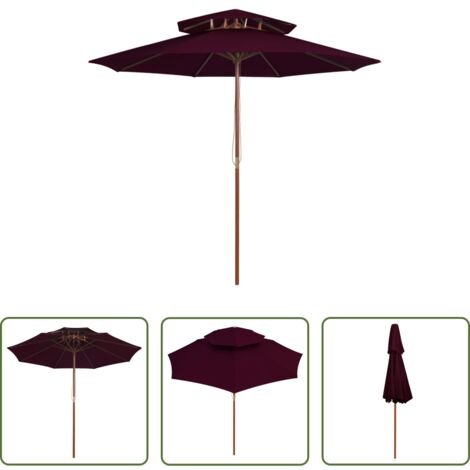 Sombrilla de dos pisos -  Sombrilla de dos pisos con palo de madera rojo burdeos 270 cm