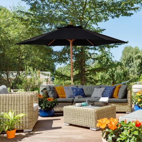 Sombrilla de Jardín Ø250x230 cm Parasol de Terraza con Marco de Madera 6 Varillas Sistema de Cuerda e Impermeable Negro
