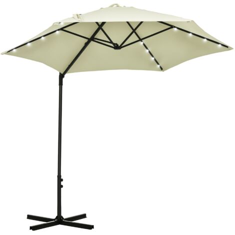 Sombrilla de jardín Ø256x248 cm parasol de terraza manual con luces LED solares poste giratorio 360° y ventilación superior para jardín piscina beige