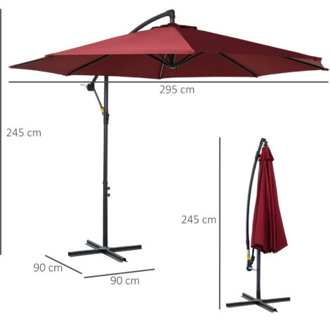 Sombrilla de Jardín Ø295 cm Parasol Excéntrico Inclinable con Manivela Base Cruzada y Soporte de Acero Granate