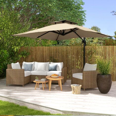 Sombrilla de Jardín 300x300 cm Parasol de Aluminio con Manivela Poste Giratorio 360° Doble Techo Inclinable Caqui