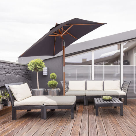 Sombrilla de Jardín de poliéster gris oscuro con mástil de madera de abeto y varillas de bambú, inclinable 200x150x235 cm