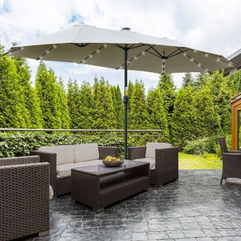 Sombrilla Doble 450x265x240 cm con 48 Luces LED Manivela Protección Solar para Terraza Balcón Piscina Gris Claro