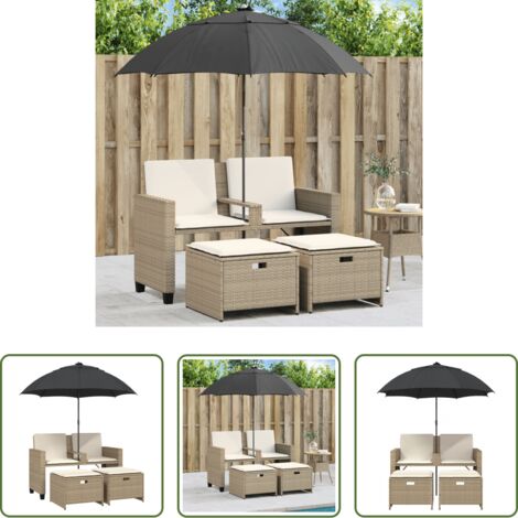 Sombrilla -  Sofá jardín 2 plazas con sombrilla y taburetes ratán PE beige
