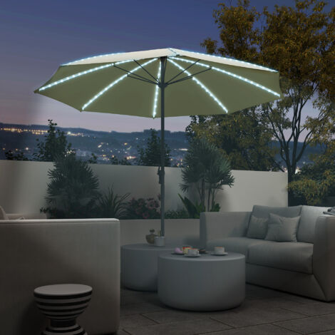 Sombrilla Terraza Exterior con Luces LED Protección UV50+ Poste de Aluminio Manivela Techo Ventilado Ø300x256 cm Crema