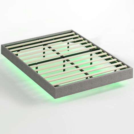 Somier 140x190 cm con Luces LED Estructura de Cama Tapizado en Lino Láminas Fácil de Montar Gris