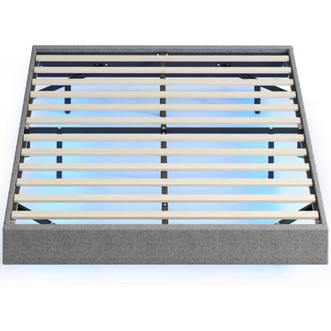 Somier 140x190 cm con Luces LED Estructura de Cama Tapizado en Lino Láminas Fácil de Montar Gris