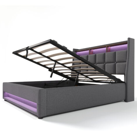 Somier de láminas metálicas de 140 x 200 cm, cama doble tapizada en gris, estación de carga USB, apta para adolescentes (colchón no incluido).