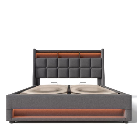 Somier de láminas metálicas de 160 x 200 cm, cama doble tapizada en gris, estación de carga USB, apta para adolescentes (colchón no incluido).