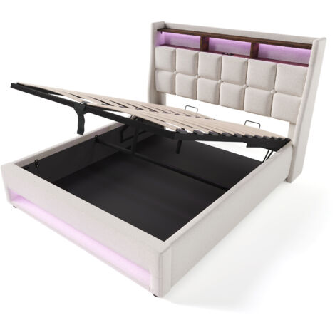 Somier de láminas metálico de 140 x 200 cm, cama doble tapizada en beige, estación de carga con puerto USB, apto para camas de adolescentes (colchón no incluido).